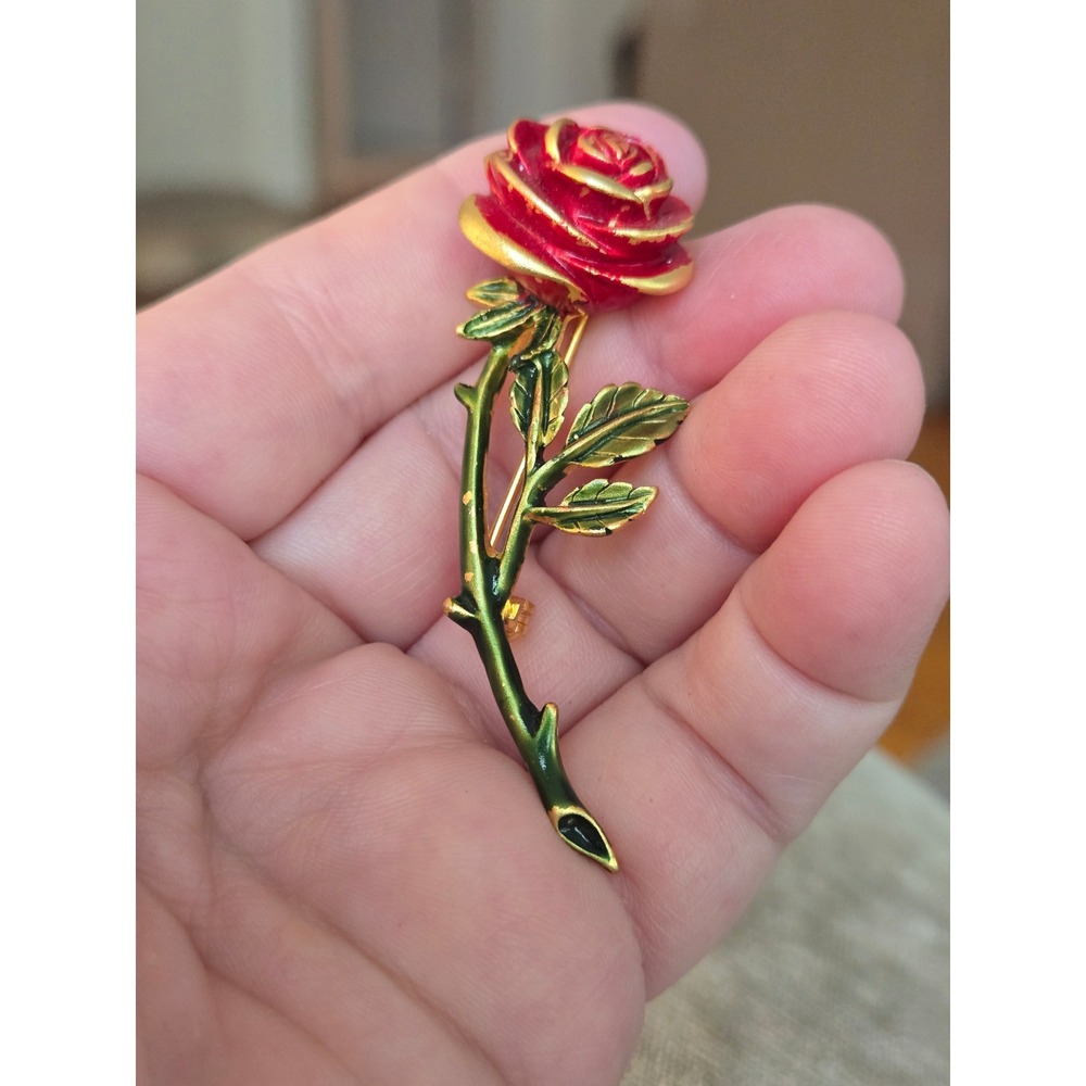 Rose Enamel Rhinestone Brooch Goldtone Vintage